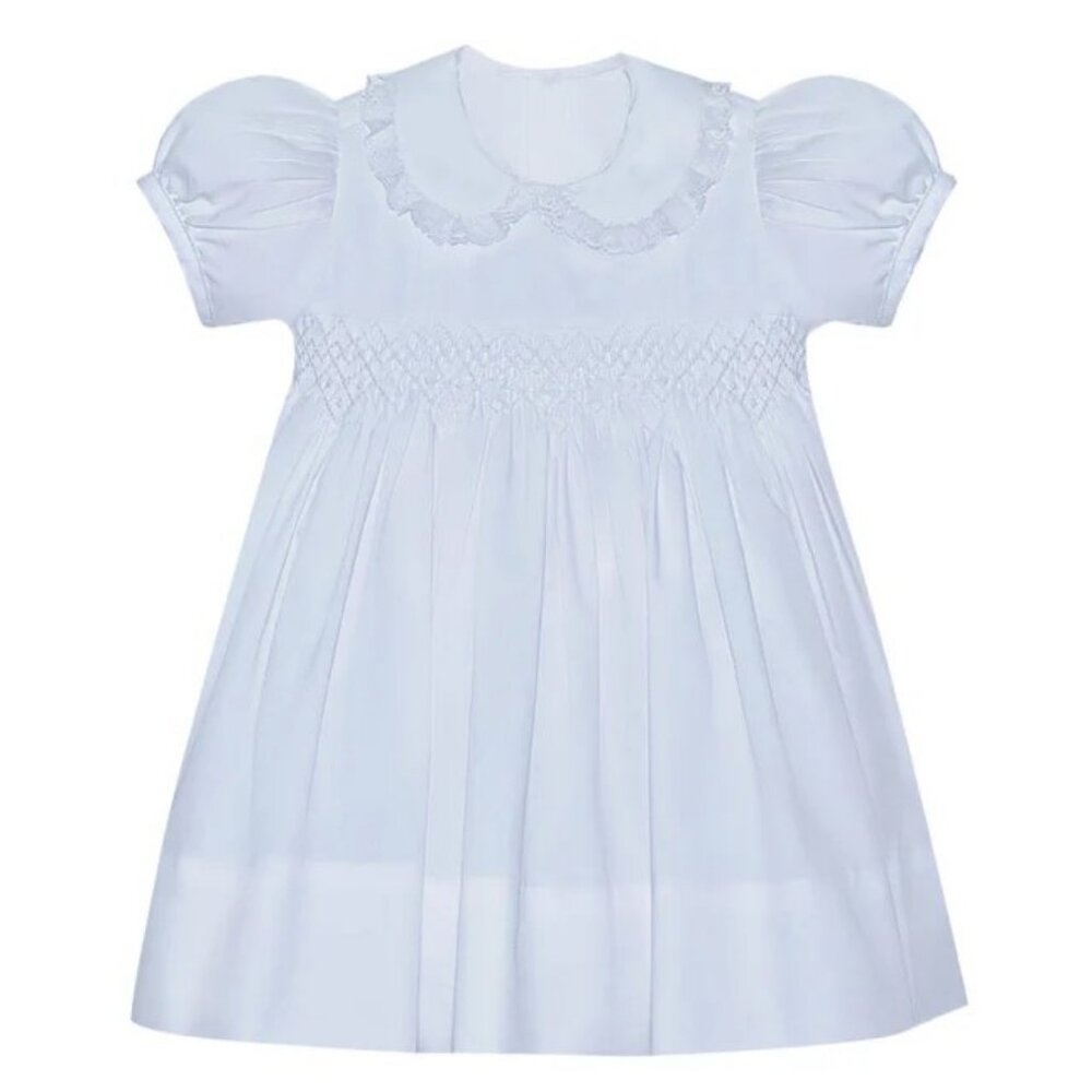 Baby Sen White smocked Finley dress
